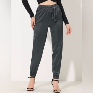 NWT Allegra K Women’s Dark Gray Drawstring Waist Satin Joggers W/ Pockets Small